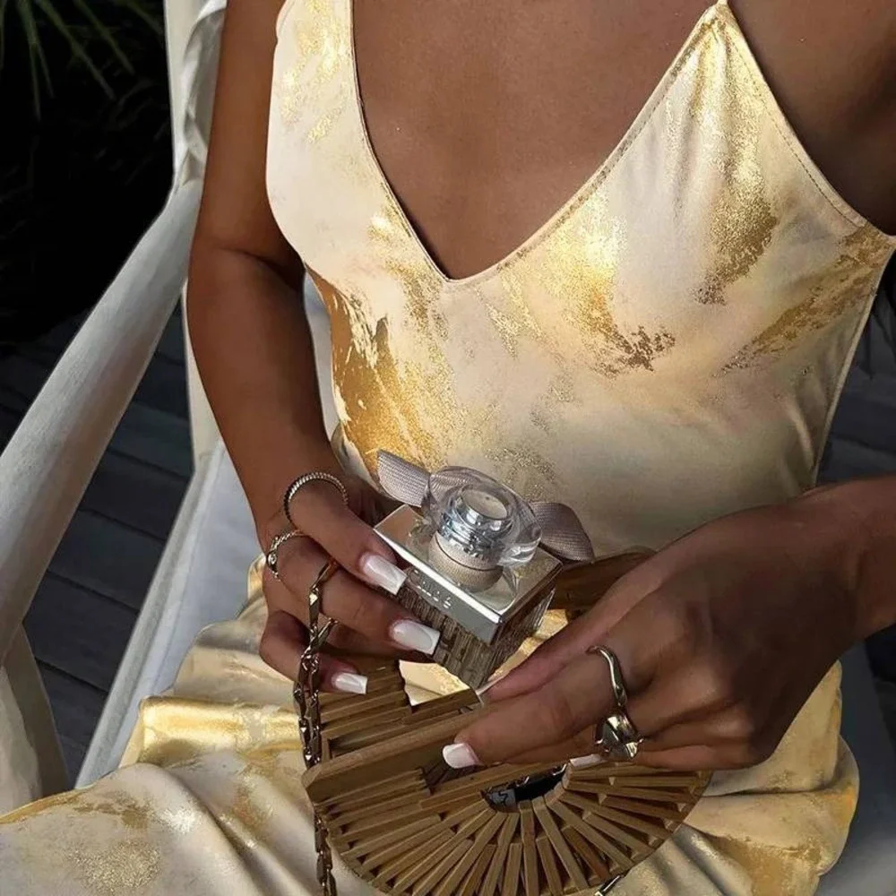 Commense Slinky Gold Print Maxi Dress, Sleeveless Evening Gown Open Back Party S - Picture 6 of 8